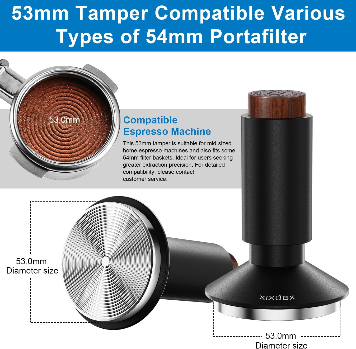XIXUBX 2-in-1 Espresso Tamper& Magnetic WDT Tool, Cofee Tamper with Spring Loaded, Anodized Aluminum Alloy Handle, Stainless Steel Corrugated Base with Cover for 53mm Portafilter Basket