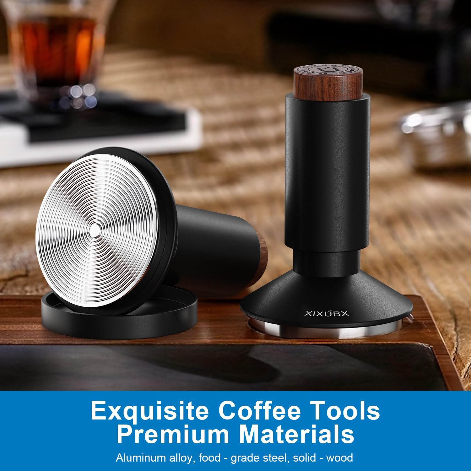 XIXUBX 2-in-1 Espresso Tamper& Magnetic WDT Tool, Cofee Tamper with Spring Loaded, Anodized Aluminum Alloy Handle, Stainless Steel Corrugated Base with Cover for 53mm Portafilter Basket