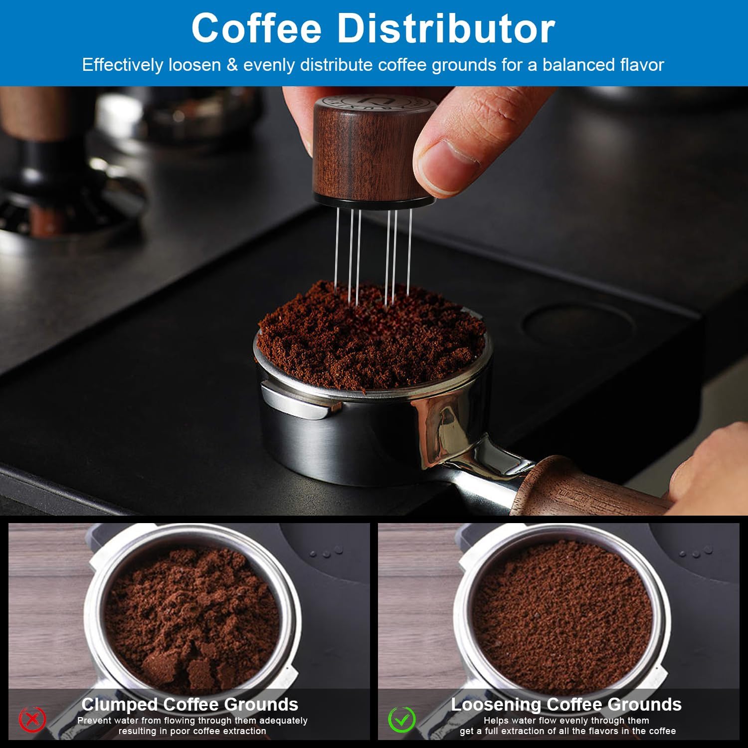 XIXUBX 2-in-1 Espresso Tamper& Magnetic WDT Tool, Cofee Tamper with Spring Loaded, Anodized Aluminum Alloy Handle, Stainless Steel Corrugated Base with Cover for 53mm Portafilter Basket