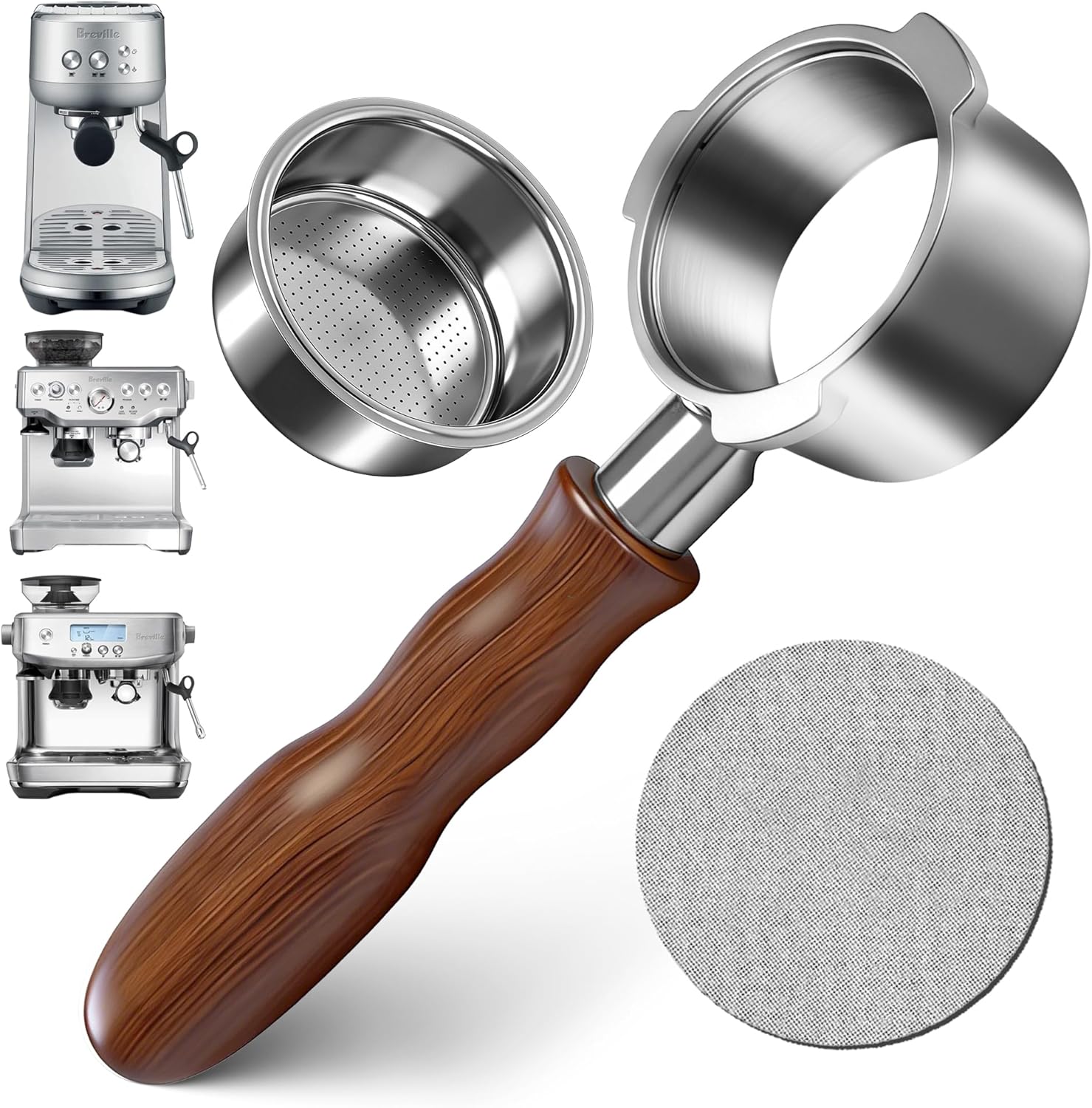 54mm Bottomless Portafilter for Breville Barista Express Pro Touch, Naked Portafilter with 18-20g Filter Basket & 53.3mm Puck Screen, 304 FG Stainless Steel, Walnut Handle Espresso Accessories