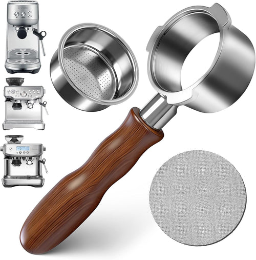54mm Bottomless Portafilter for Breville Barista Express Pro Touch, Naked Portafilter with 18-20g Filter Basket & 53.3mm Puck Screen, 304 FG Stainless Steel, Walnut Handle Espresso Accessories